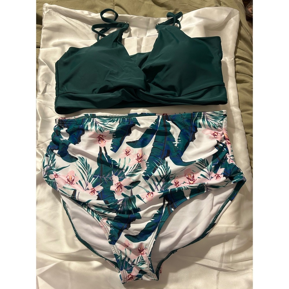 Womens XL High Waisted Bikini Set Green Twist Front Top Tropical Floral Bottoms